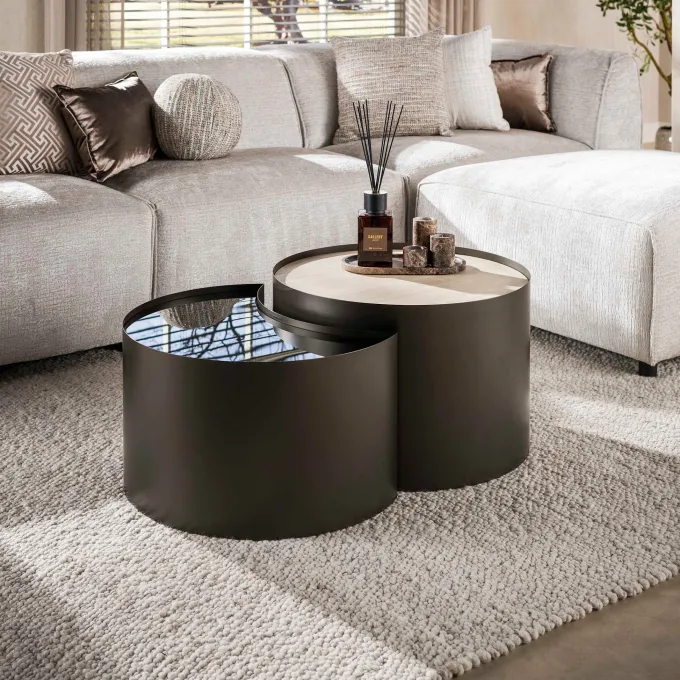 WoonStijl Salontafel Metal half moon set van 2 keramiek travertin
