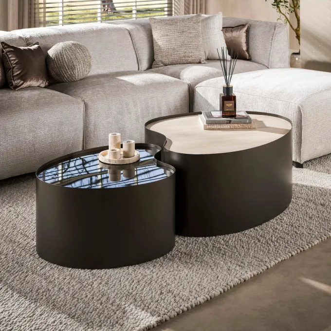 WoonStijl Salontafel Metal organisch set van 2 keramiek travertin