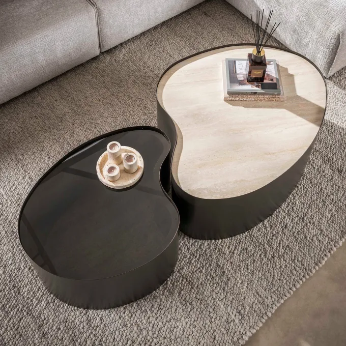 WoonStijl Salontafel Metal organisch set van 2 keramiek travertin