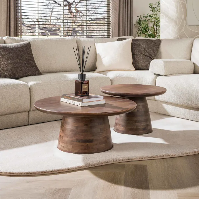 WoonStijl Salontafel Mova rond set van 2 Massief acacia bruin