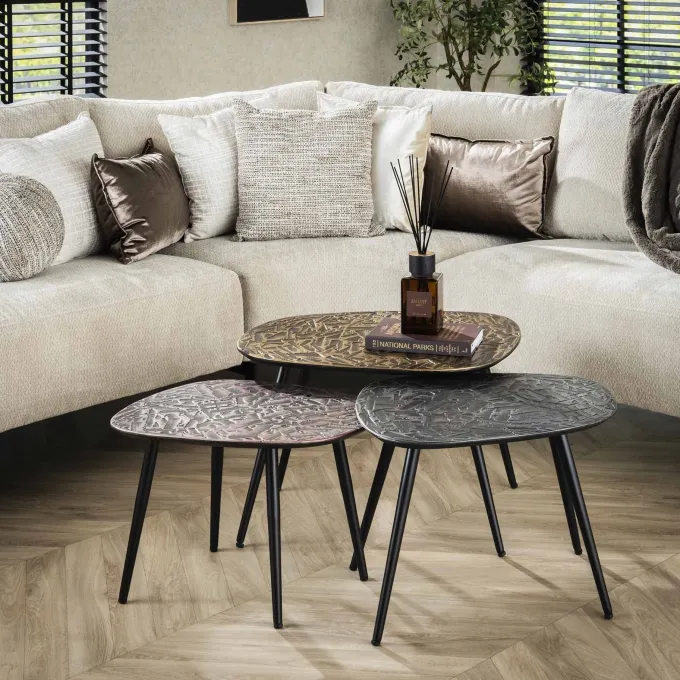 WoonStijl Salontafel set van 3 vierhoekig patina metal