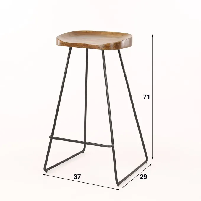 WoonStijl Vintage Barstoel met Acaciahouten Zitting en Zwart Metalen Frame