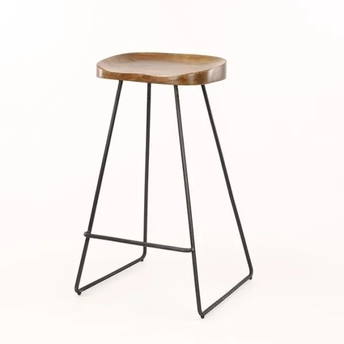 WoonStijl Vintage Barstoel met Acaciahouten Zitting en Zwart Metalen Frame