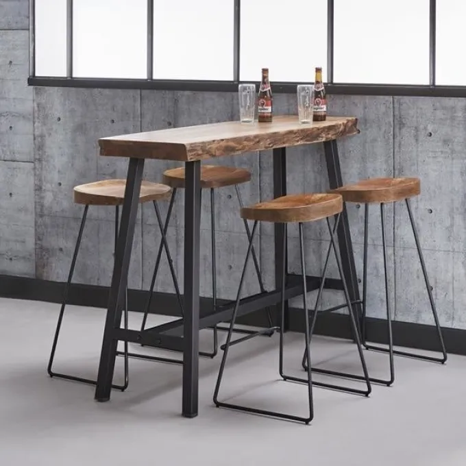 WoonStijl Vintage Barstoel met Acaciahouten Zitting en Zwart Metalen Frame