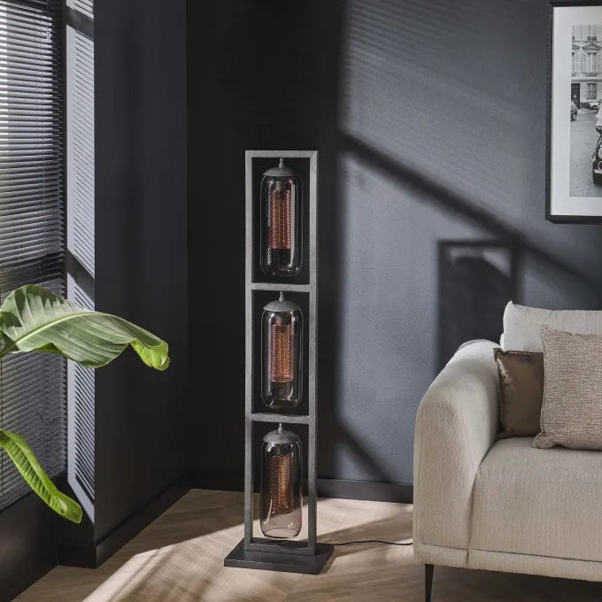 WoonStijl Vloerlamp 3L tower smoke glas-geperforeerd staal