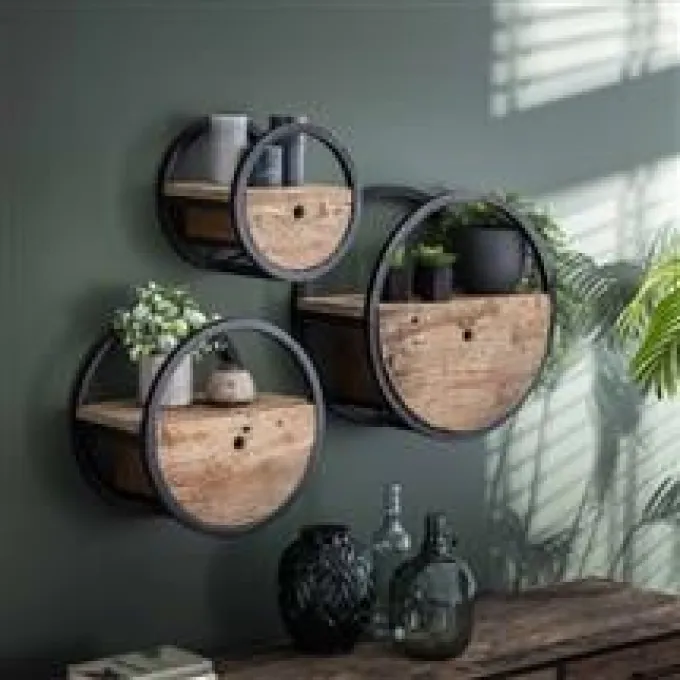 WoonStijl Wandschap Circular Ø50 met lade - Robuust hardhout