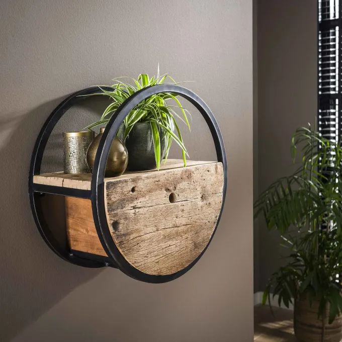 WoonStijl Wandschap Circular Ø50 met lade - Robuust hardhout