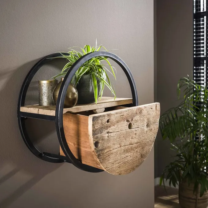 WoonStijl Wandschap Circular Ø50 met lade - Robuust hardhout