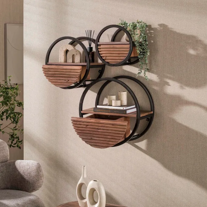 WoonStijl Wandschap Circular 1 lade Ø50cm Acacia bruin