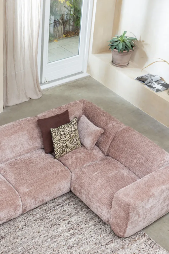 Woood CLOUD hoekbank rechts geweven chenille taupe / roze
