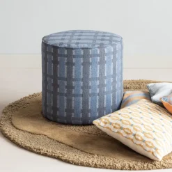 Woood Sarli Poef Hoog Ruit Dessin Chenille Grijs/Blauw [FSC]